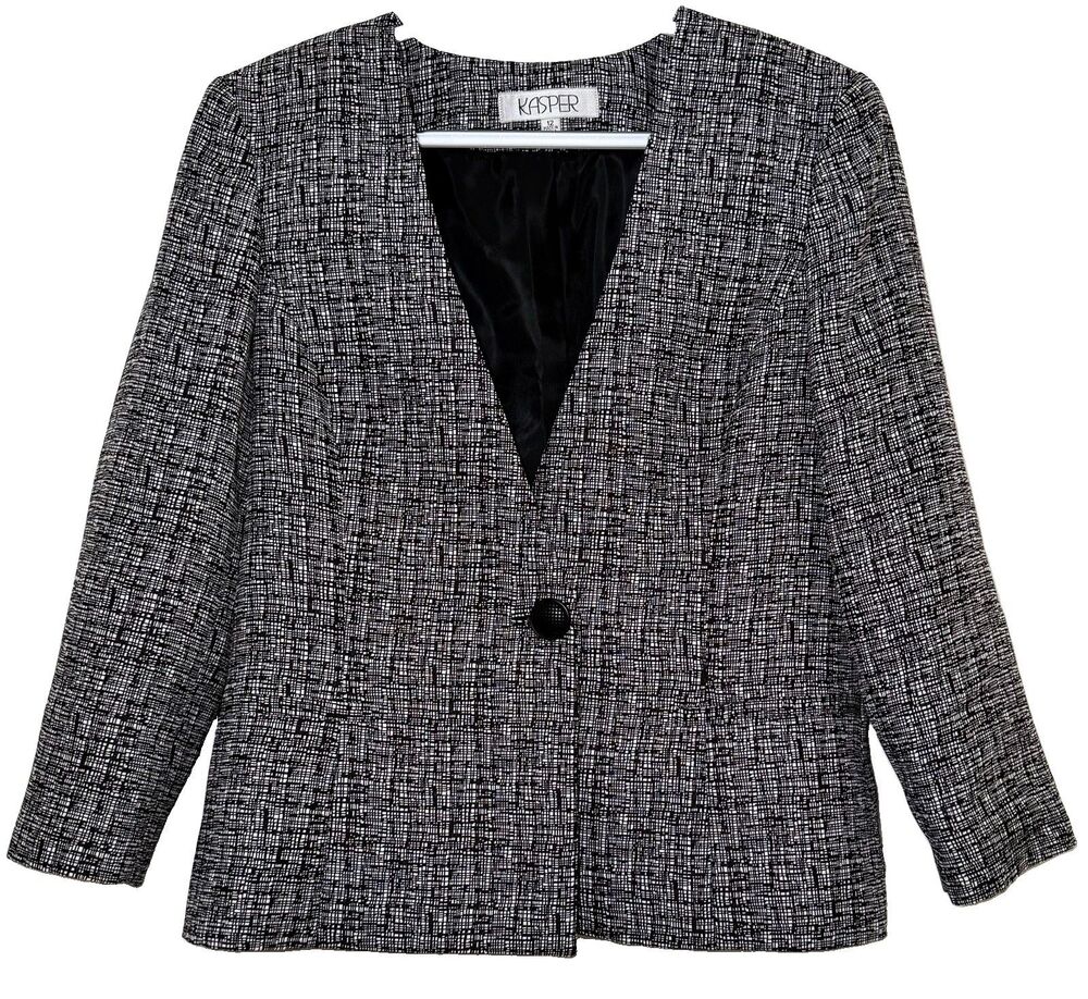 Kasper Womens Blazer Jacket Size 12 Black White Crosshatch Career 1 Button